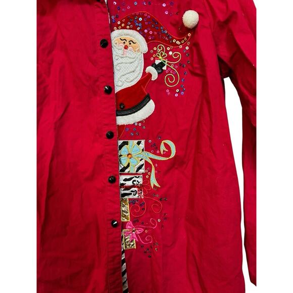 Peeking Santa Christmas Blouse Berek Red Zebra Trim Beads Sequins Top Women's L - Picture 3 of 11